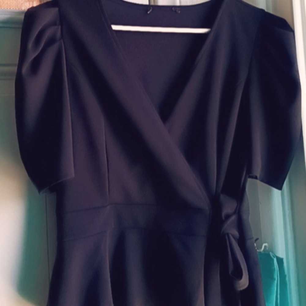 Women's Mid Sleeve V Neck Ruffle Blouse Puff Sleeve Tie Waist Wrap Top.